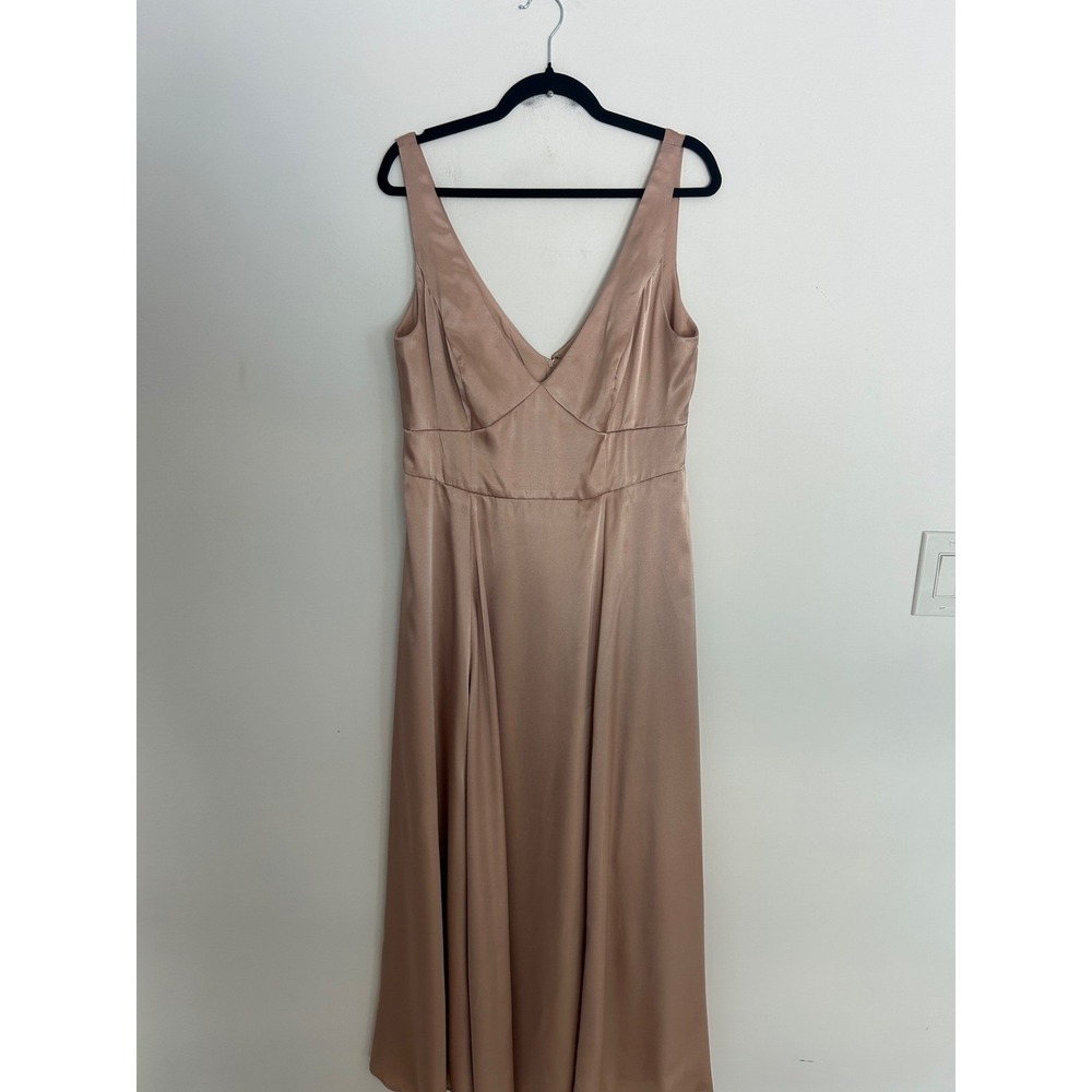 Galina Signature Womens Satin V Neck Maxi Dress Champagne Rose Gold Sz 14 Formal